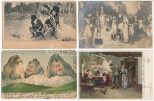 10 db RÉGI hosszú címzéses művészeti motívum képeslap vegyes minőségben, közte litho is / 10 pre-1945 art motive postcards in mixed quality, some litho