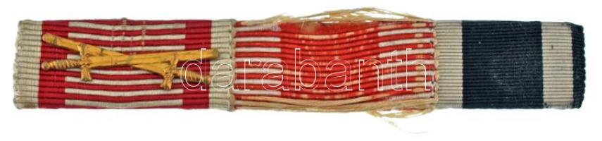 ~1914-1918. 3db szalagsáv: "Vitézségi Érem" kardokkal, "Károly Csapatkereszt", Német Birodalom "Vaskereszt 2. osztály" használt állapotban Hungary ~1914-1918. 3pcs of miniature ribbons, with "Gallanty Medal" with swords, "Karl Troop Cross", German Empire "Iron Corss 2nd Class"in used condition