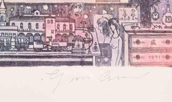 Gross Arnold (1929-2015): Ablakban. Ofszet nyomat, papír, jelzett. 16x37 cm Üvegezett keretben