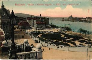 1911 Budapest I. Kilátás a Gellérthegyről, Döbrentei tér, villamos, Rác fürdő, park. Taussig A. 8702. (EK)