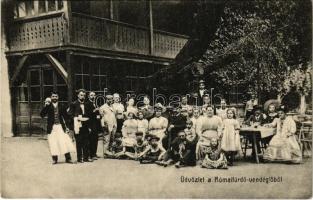 1909 Budapest III. Római fürdő, Rómaifürdő vendéglő, pincérek és vendégek. Erdélyi Lajos vendéglős kiadása