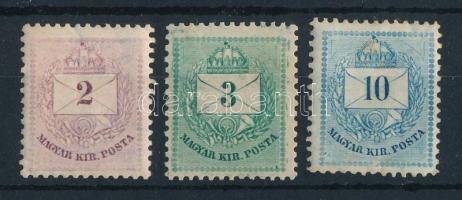 1881 3 db bélyeg, a 3kr festékfoltokkal (2kr saroktörés / folded corner, 10kr rozsda, alul sérülés / stain, damaged below)