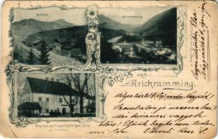 Reichraming, Bahnhof, Gasthof zur tausendjährigen Eiche am Arzberg / railway station, general view, inn. Art Nouveau, floral (EM)