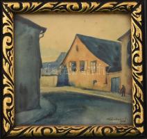 Kántor I jelzéssel: Utcarészlet sétálóval, 1920-as évek. Akvarell, papír. Dekoratív, üvegezett faker...