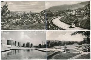 Tatabánya - 8 db modern Képzőművészeti Alap képeslap (Felszabadulás tér, strandfürdő, autó, Komáromi utca, papír írószer üzlet, boltok, autóbusz, Újváros, általános iskola, Petőfi kertmozi)