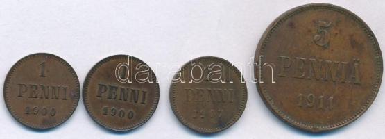 Finnország 1900. 1p bronz (2x) + 1907. 1p bronz + 1911. 5p broz T:XF,VF patina
Finland 1900. 1 Penn...