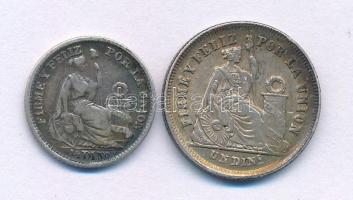 Peru 1866. 1D Ag + 1905. 1/2D Ag T:XF,VF patina Peru 1866. 1 Dinero Ag + 1905. 1/2 Dinero Ag C:XF,VF patina