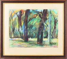 Mersits Piroska (1926-1988): Színes erdő. Kréta, papír. Jelzett. Üvegezett fakeretben. 32x41 cm