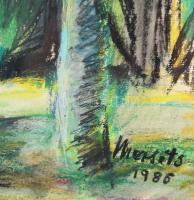 Mersits Piroska (1926-1988): Színes erdő. Kréta, papír. Jelzett. Üvegezett fakeretben. 32x41 cm