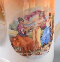 Zsolnay mitológiai jelenettel díszített, irizáló porcelán mokkás készlet hiányos, kanna, kiöntő, cuk...