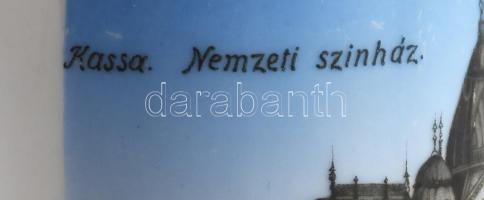 Kassai emlékpohár. Porcelán, a kassai Nemzeti Színház ábrázolásával. Kopott, m:9,5 cm