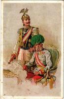 1914 Wilhelm II, Franz Joseph I of Austria. WWI German and Austro-Hungarian K.u.K. military art postcard, Viribus Unitis propaganda. M. Munk Wien Nr. 924. (fl)