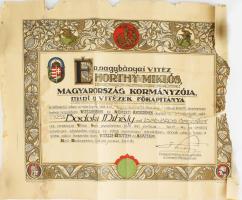 1926 Vitézi oklevél Bodoki Mihály részére, dekoratív grafikával, Horthy Miklós kormányzó nyomtatott aláírásával, szárazbélyegzővel. Erősebben sérült, szakadt. Feltekerve, kb. 49x40 cm