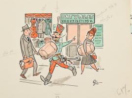 Szegő Gizi (1902-1985): Háry János karikatúrák vázlatai, 11 db. Tus, akvarell, papír, mind jelzett é...