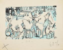 Szegő Gizi (1902-1985): Háry János karikatúrák vázlatai, 11 db. Tus, akvarell, papír, mind jelzett é...