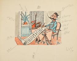 Szegő Gizi (1902-1985): Háry János karikatúrák vázlatai, 11 db. Tus, akvarell, papír, mind jelzett é...