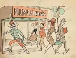 Szegő Gizi (1902-1985): Háry János karikatúrák vázlatai, 11 db. Tus, akvarell, papír, mind jelzett é...