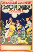 Szegő Gizi (1902-1985): Gyalog többé sos mék, itt a wonder csodagép, 1928. Reklám plakát. Litográfia, papír, jelzett a plakáton.Globus Nyomda. Szakadásokkal, lapszéli sérülésekkel, feltekerve. 96x62 cm.