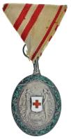 1914. A Vörös Kereszt Ezüst Díszérme hadidíszítménnyel zománcozott Ag kitüntetés, fémjel a peremen, mellszalaggal T:AU kisebb zománchiba, foltos, viseltes szalag / Hungary 1914. Red Cross, Silver Medal of Honour with a war decoration enamelled Ag decoration with hallmark on the edge, with ribbon C:AU small enamel error, spotted, worn ribbon NMK 285.