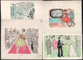 Szegő Gizi (1902-1985): Karikatúrák vázlatai, 16 db. Vegyes technika, papír, mind jelzett. Többségén...
