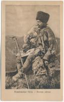 Romänischer Hirte. Kunstanstalt Jos. Drotleff, Hermannstadt Nr. 401. 1917. / Román juhász / Romanian folklore, shepherd (EK)