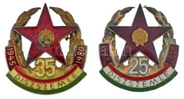 1970. "25. Díszszemle - 1945-1970" a Magyar Néphadsereg aranyozott, részben zománcozott fém részvételi jelvénye (36x32mm) + 1980. "35. Díszszemle - 1945-1980" a Magyar Néphadsereg aranyozott, részben zománcozott fém részvételi jelvénye (36x32mm) T:XF