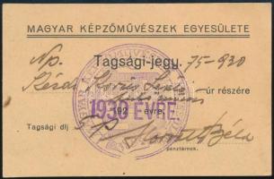 1930 Magyar Képzőművészek Egyesülete tagsági jegy, Kézdi-Kovács László (1864-1942) festőművész, műkritikus részére