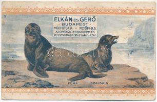 Fóka. Elkán és Gerő szűcsök szőrmeáru és sapkagyár üzletének reklámja. Budapest V. Váci utca 9. és Petőfi utca 5. Grafikai Intézet R.T. / Sealskin. Hungarian furriers&#039; advertisement card (fa)