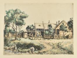 Kiss Terézia (1928-2016): Mosónők. Színezett rézkarc, papír, jelzett, 24,5x31cm.