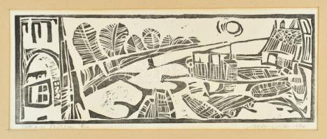 Orosz István (1941-1999): Tokaji öböl. Linómetszet, papír. Jelzett. Számozott (2/10). Orosz István autográf ajánlási soraival. Paszpartuban. 15x40 cm