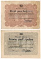 1849. 15kr + 30kr Kossuth bankó T:F,VG az egyiken szakadás, anyaghiány Adamo G102, G103