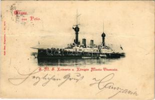 1898 (Vorläufer) Gruss aus Pola. SMS Kaiserin und Königin Maria Theresia Osztrák-Magyar Monarchia haditengerészetének páncélos cirkálója / K.u.K. Kriegsmarine Panzerkreuzer / Austro-Hungarian Navy armored cruiser. Alois Beer No. 8390. (fa)