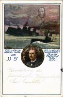 1915 Zur Tat von "U 5" Tegetthoff's Geist lebt! Georg v. Trapp / SM U-5 (U-V) osztrák-magyar U-5 osztályú tengeralattjáró elsüllyeszti a francia Léon Gambetta páncélos cirkálót. Georg von Trapp tengeralattjáró-kapitány, Wilhelm von Tegetthoff tengernagy szelleme / WWI Austro-Hungarian Navy art postcard, K.u.K. Kriegsmarine, "U5" submarine sinks French armored cruiser "Léon Gambetta", Georg v. Trapp captain of the submarine, ghost of Admiral Tegetthoff. Deutscher Schulverein Karte Nr. 786. s: E. Schütz (EK)