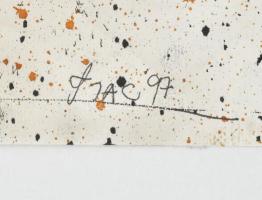 Rác József (-): Kézen állás, tótágas, 1997. Vegyes technika, papír, kartonra kasírozva. 61x43 cm