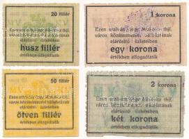 Miskolc ~1918-1919. 20f + 50f vízjeles papíron + 1K + 2K vízjeles papíron ,"Miskolcz thjf."...