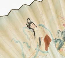 Nagyméretű kézzel festett kínai legyező, kopással, h: 76 cm