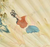 Nagyméretű kézzel festett kínai legyező, kopással, h: 76 cm