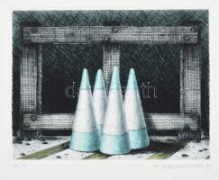 Marc Balakjian (1938-2017): Az út vége (cím nélkül), 1990. Színes rézkarc, papír, jelzett, művészpéldány A/P jelzéssel. 11,5×15 cm