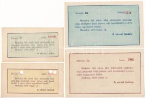 Miskolc 1919. 1K + 2K + 10K + 20K "Miskolcz város" utalvány-jegyek, mind sorszámmal, az eg...