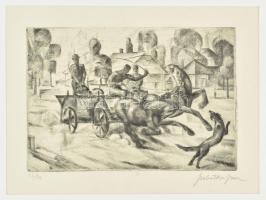 Szobotka Imre (1890-1961): Megvadult lovak (cím nélkül). Rézkarc, papír, jelzett, paszpartuban.14x20 cm