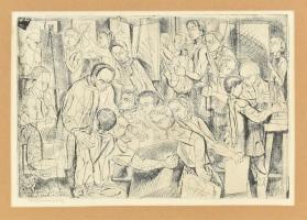 Hincz Gyula (1904-1986): Proletárműhely. Rézkarc, papír, jelzés nélkül, paszpartuban.20x29,5 cm