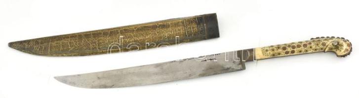 Antik török dísztőr, rézberakásos csont nyéllel, h: 35,5 cm