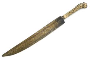 Antik török dísztőr, rézberakásos csont nyéllel, h: 35,5 cm