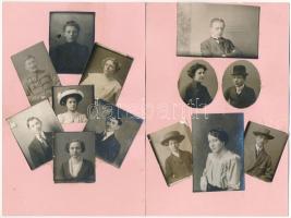 cca 1910 Portré-kollázsok, össz. 13 db kisebb méretű fotó két kartonlapra ragasztva, karton mérete: 15x10 cm