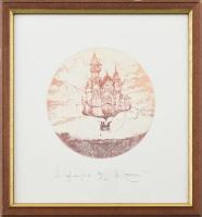 Kiss Péter (1957-): Léghajós. Színes rézkarc, papír, jelzett. Számozott: 55/100. Üvegezett fakeretben. d: 12 cm