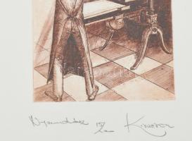 Kiss Péter (1957-): Nyomdász. Színes rézkarc, papír, jelzett. Számozott: 15/100. Üvegezett fakeretbe...