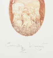 Kiss Péter (1957-): Esernyős. Színes rézkarc, papír, jelzett. Számozott: ?/100. Üvegezett fakeretben...