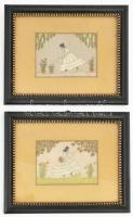 2 db antik hímzett selyemkép, XX. sz. eleje. Régi üvegezett fakeretben, aranyszínű paszpartuval, hátoldalán Vincze József keretező régi címkéjével. 6x8,5 cm