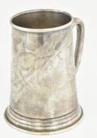 Ezüstözött alpakka füles kupa, kisebb horpadással, m: 13,5 cm