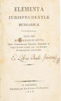 Kövy (Sándor) Alexandrum Elementa jurisprudentiae Hungaricae. (Sárospatak) S. Patakini, 1823. Andream Nádaskay. 829+(3) p. Korabeli, egészvászon kötésben Jászay Pál (1809-1952) történész, nyelvtörténész, jogász, a Magyar Tudós Társaság levelező, majd rendes tagja autográf ex librisével,